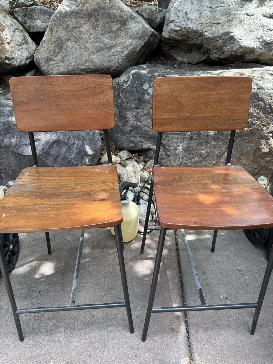4 Mid-Century Modern Style Wood and Metal Bar Stools