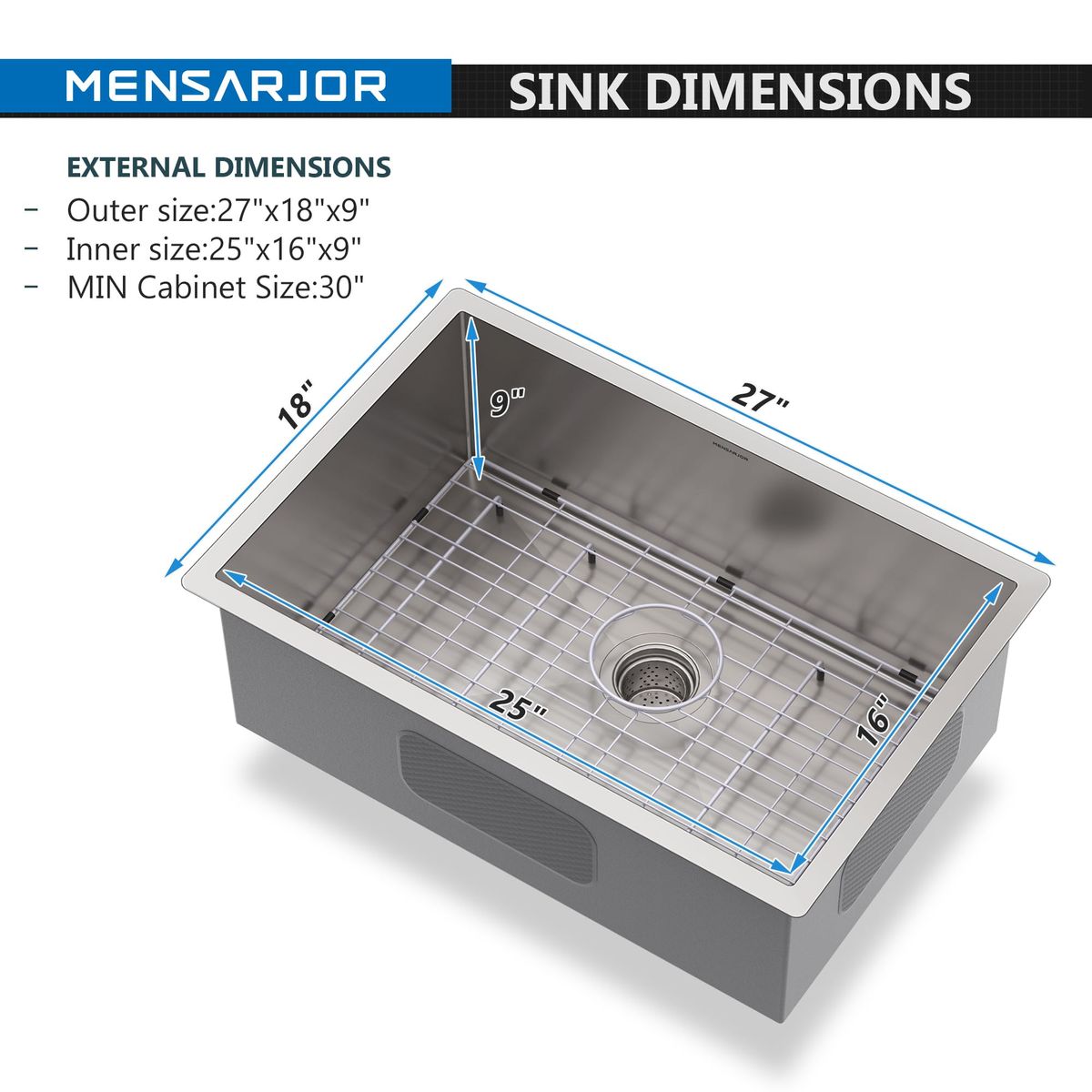 NEW 27"x18"x10" Undermount Kitchen Sink, Stainless Steel Round Corner Single Bowl 10-inch Deep,