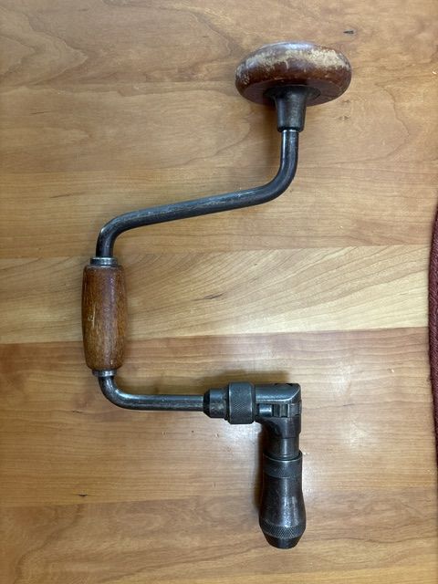 Vintage Hand Crank Brace Drill - Antique Carpenter's Tool, Wood Handles