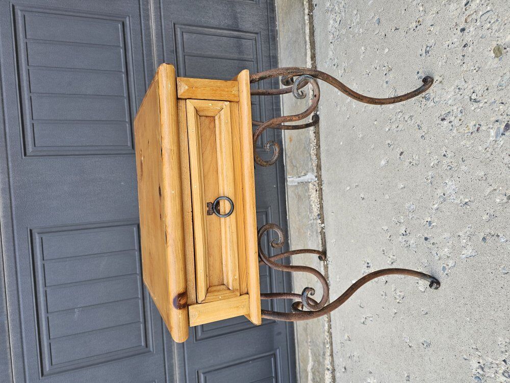 Vintage Rustic Side Table w/ Drawer & Wrought Iron