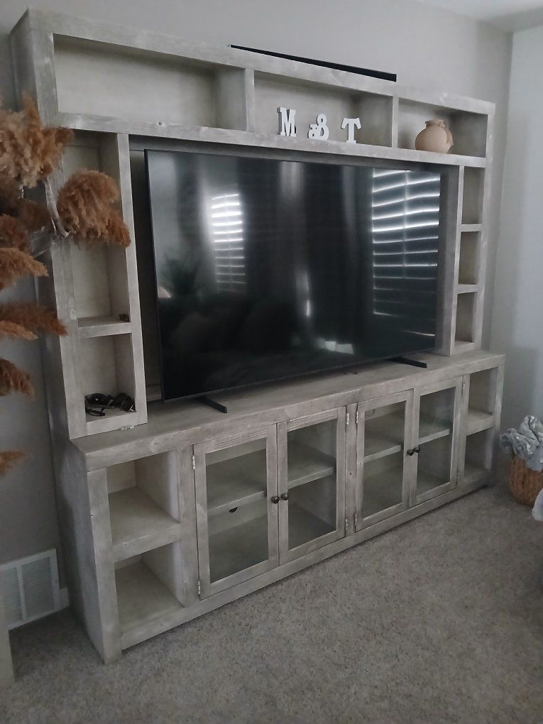 Large Rustic Wood Entertainment Center Media Console with Glass Doors