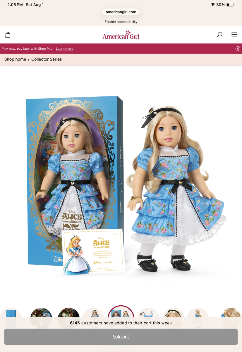 American Girl Alice in Wonderland Limited Disney 75th doll only 3000 made.