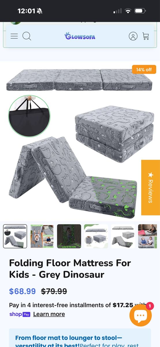 MeMoreCool Grey Dinosaur Folding Floor Mattress for Kids - Glow in the Dark Play Mat