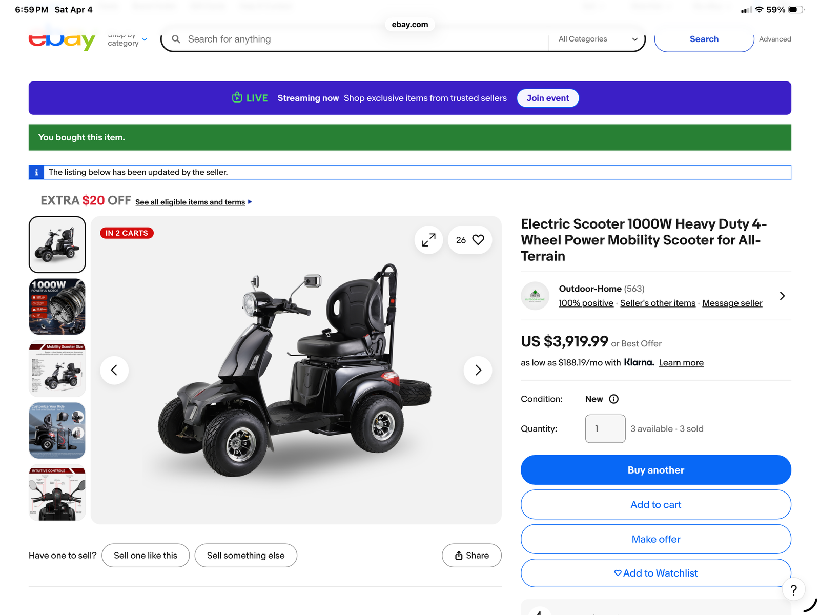 Add or Replace Equipment for Heavy Duty All Terrain Mobility Scooter: Golf bag holder, Cargo Trunk with lock, New Seat and belts