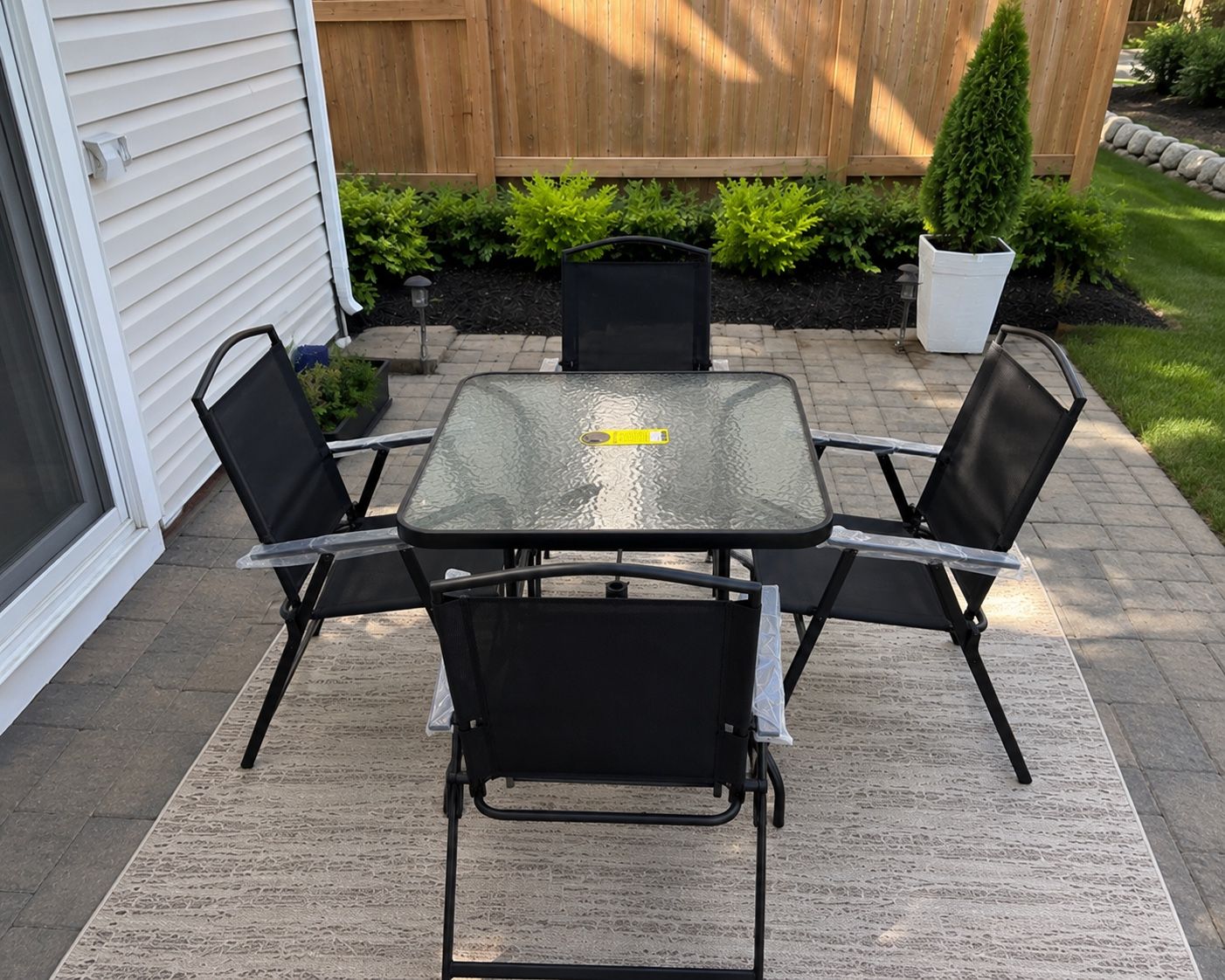 Outdoor Patio Dining Set - 5-Piece Square Glass Top Table & 4 Folding Mesh Chairs
