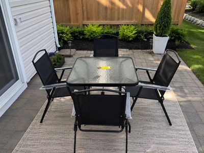 Outdoor Patio Dining Set - 5-Piece Square Glass Top Table & 4 Folding Mesh Chairs
