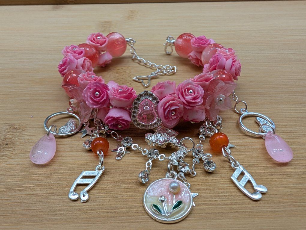 Handmade Pink Rose Charm Bracelet with Musical Notes & Flower Accents