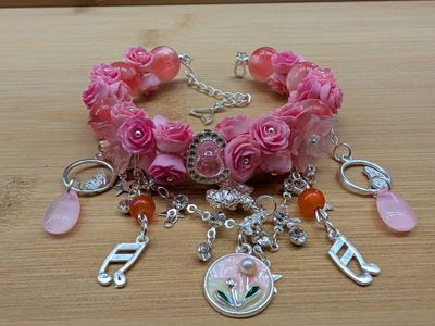 Handmade Pink Rose Charm Bracelet with Musical Notes & Flower Accents