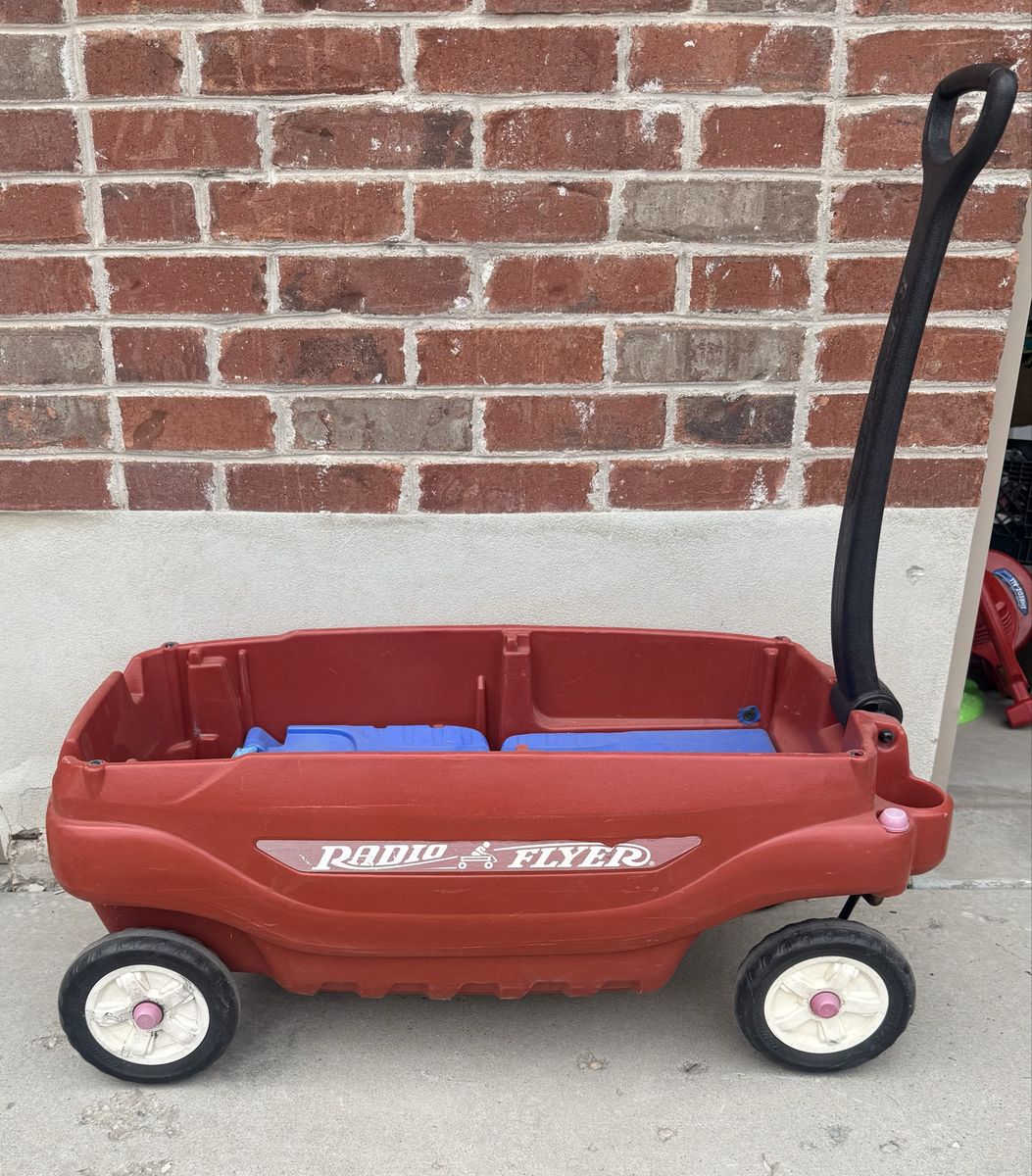 Radio Flyer Red Plastic Wagon w/ Pull Handle & Blue Folding Seats
