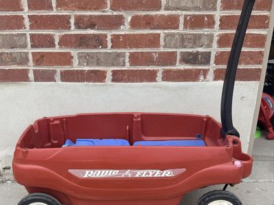 Radio Flyer Red Plastic Wagon w/ Pull Handle & Blue Folding Seats