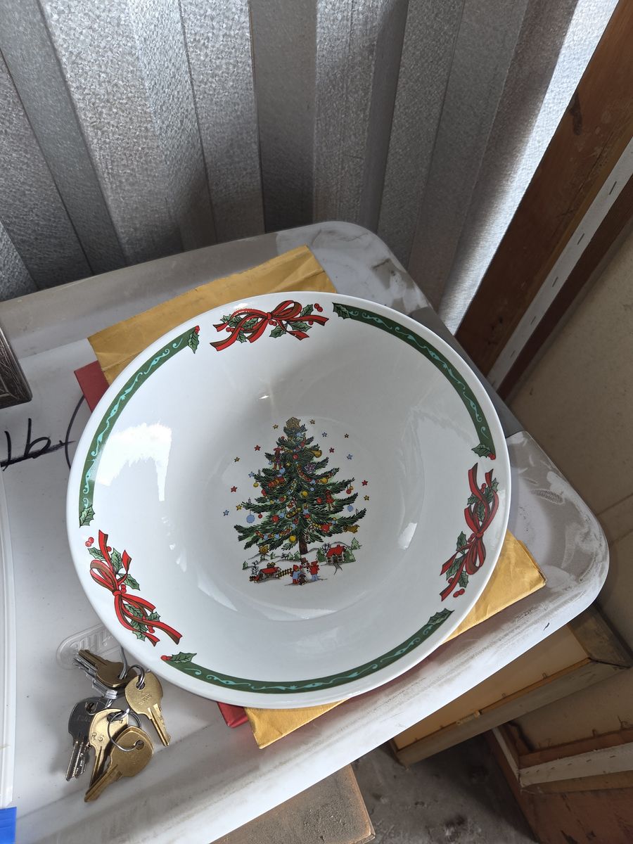 Large tote FULL of porcelain Christmas dishes