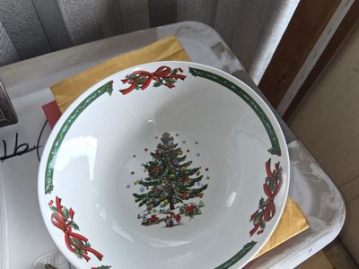 Large tote FULL of porcelain Christmas dishes