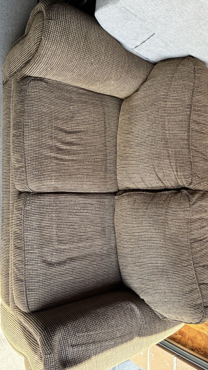 Brown/Tan Patterned Fabric Sofa with Reversible Cushions - Good Condition Couch