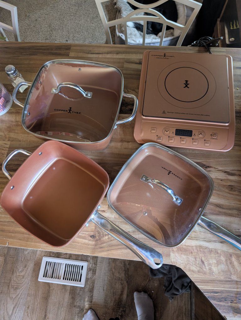 Copper Chef Square Pan Set with Induction Cooktop - 9.5in & 11in Fry Pans, 11in Stock Pot