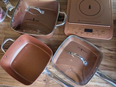 Copper Chef Square Pan Set with Induction Cooktop - 9.5in & 11in Fry Pans, 11in Stock Pot