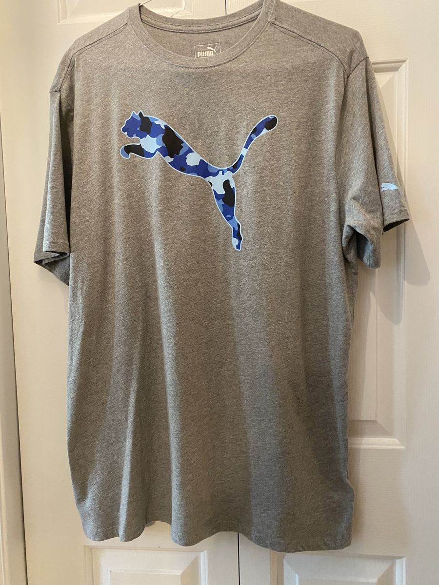 NICE! Puma Men's XL Gray T-Shirt with Blue Camo Logo Short Sleeve Tee - C PIX