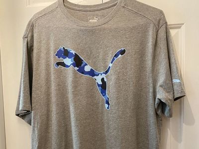 NICE! Puma Men's XL Gray T-Shirt with Blue Camo Logo Short Sleeve Tee - C PIX