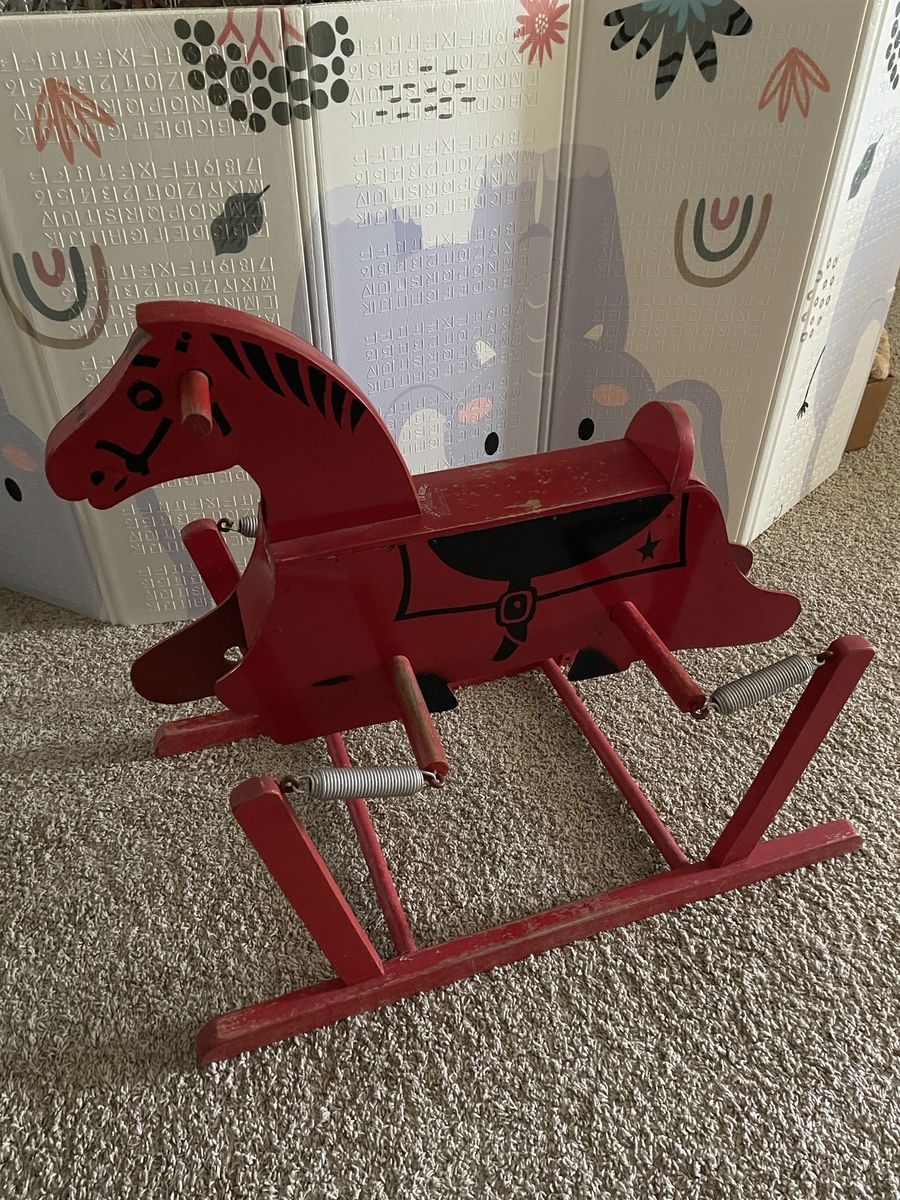 Vintage Red Wooden Spring Rocking Horse Toy with Black Details