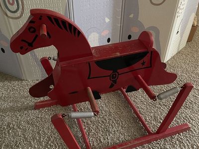 Vintage Red Wooden Spring Rocking Horse Toy with Black Details