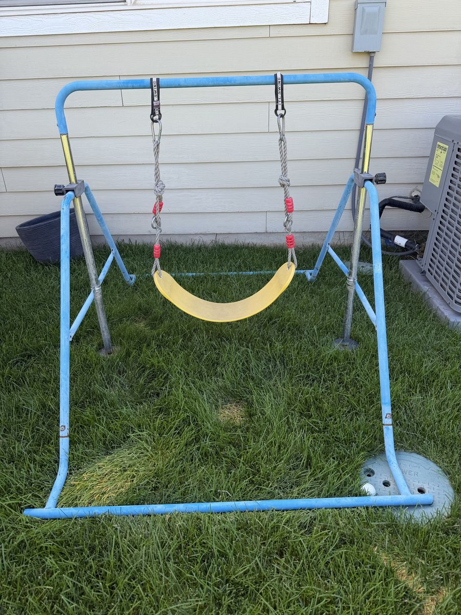 Metal Frame Single Child Swing Set with Yellow Seat Used and Gymnastics bar adjustable 