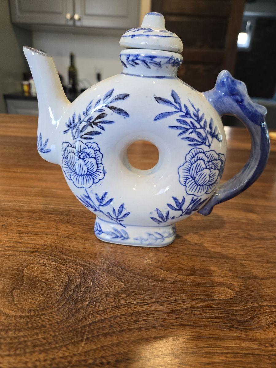 Vintage Blue & White Asian Style Ceramic Donut Teapot/Sake Pot, Hand-Painted Floral Design