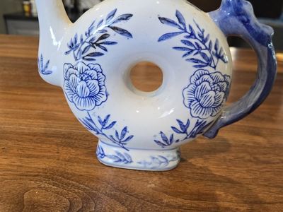 Vintage Blue & White Asian Style Ceramic Donut Teapot/Sake Pot, Hand-Painted Floral Design