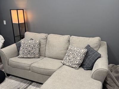 Gray Fabric Sectional Sofa Sleeper with Fold-Out Bed & Throw Pillows