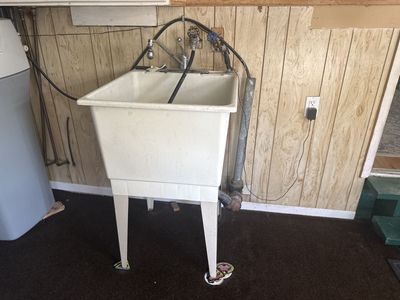 Utility Laundry Sink with Faucet and Legs, White, Durable Resin Tub for Garage or Workshop