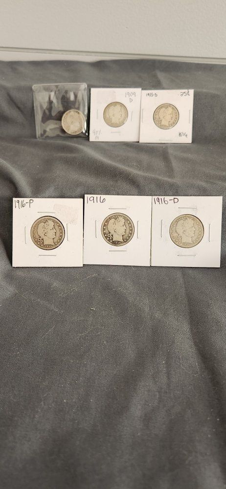 US Barber Silver Quarters 1898, 1909-D, 1915-D, 2 - 1916-P, and 1916-D.
