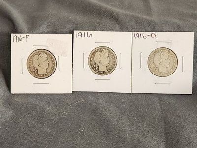 US Barber Silver Quarters 1898, 1909-D, 1915-D, 2 - 1916-P, and 1916-D.
