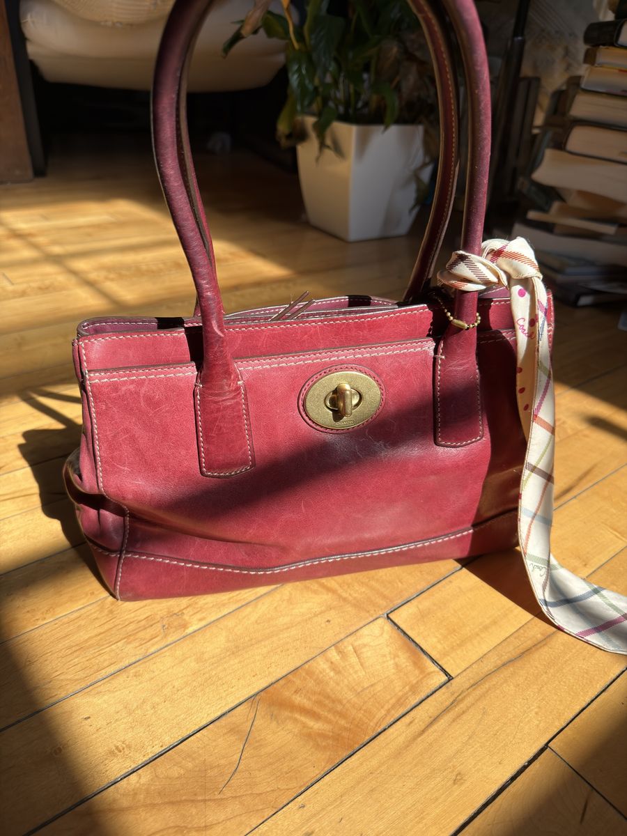 Vintage Cherry Red Leather Coach Purse With Scarf