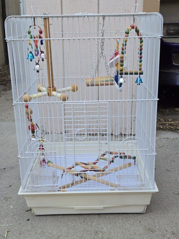 White Wire Bird Cage with Play Top, Perches, and Toys - Great for Small Birds