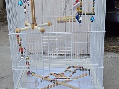 White Wire Bird Cage with Play Top, Perches, and Toys - Great for Small Birds