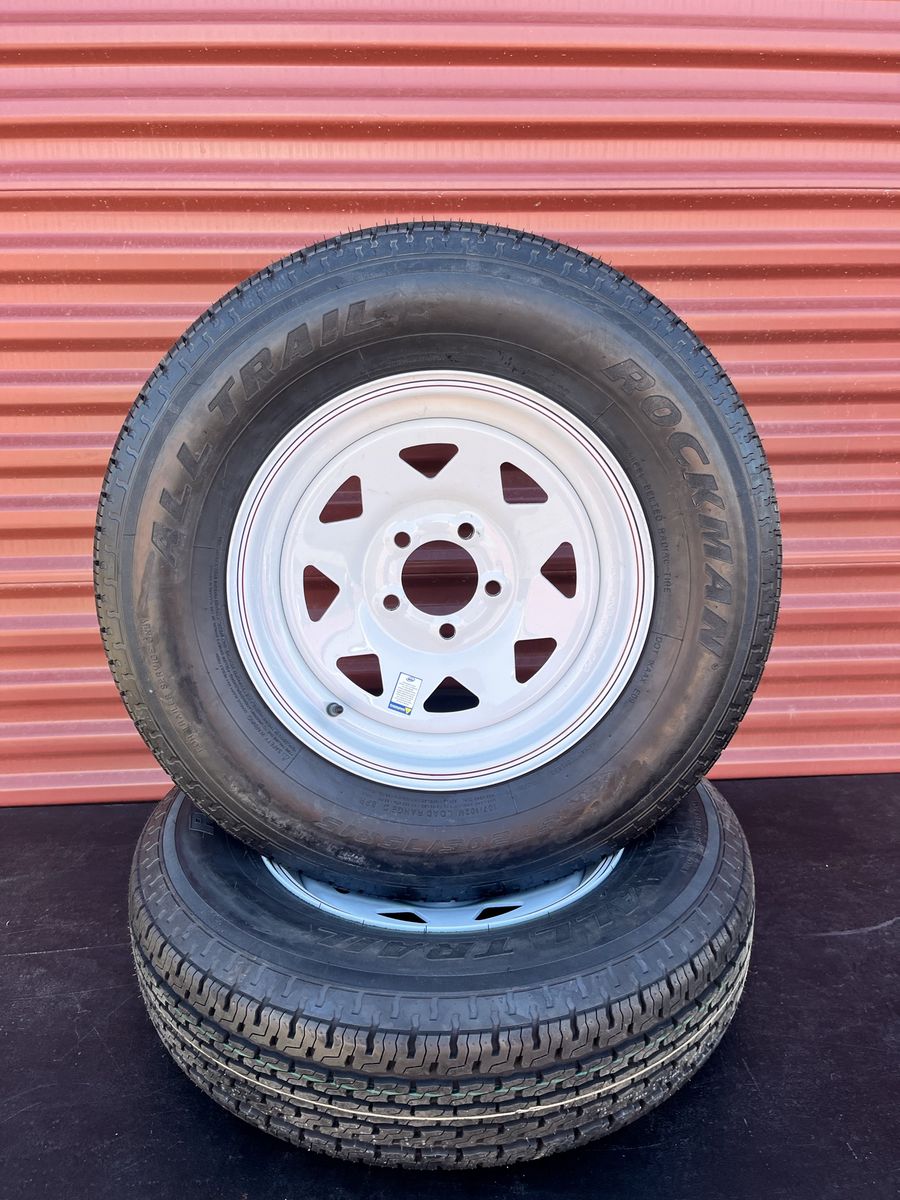 Set of 2 Rockman ST 205/75 R 15 Trailer Tires Mounted on New White Spoke Wheels 5 on 4.5 Brand New
