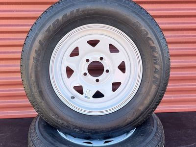 Set of 2 Rockman ST 205/75 R 15 Trailer Tires Mounted on New White Spoke Wheels 5 on 4.5 Brand New