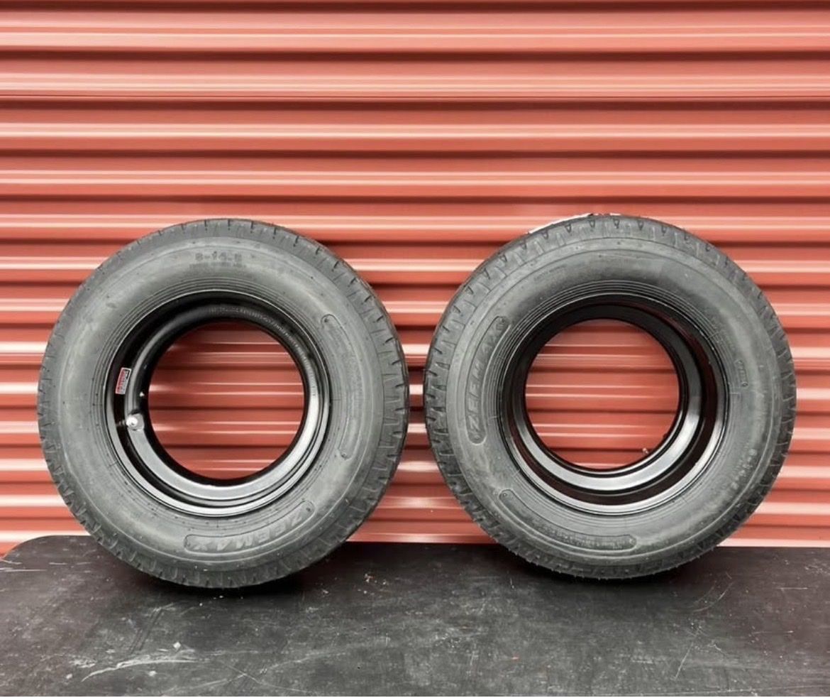 Brand New Set of 2 Zeemax ST 8-14.5         Mobile Home Style Tires Mounted on New Wheels Super Duty 14 Ply G Load.