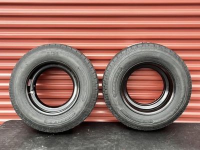 Brand New Set of 2 Zeemax ST 8-14.5 Mobile Home Style Tires Mounted on New Wheels Super Duty 14 Ply G Load.