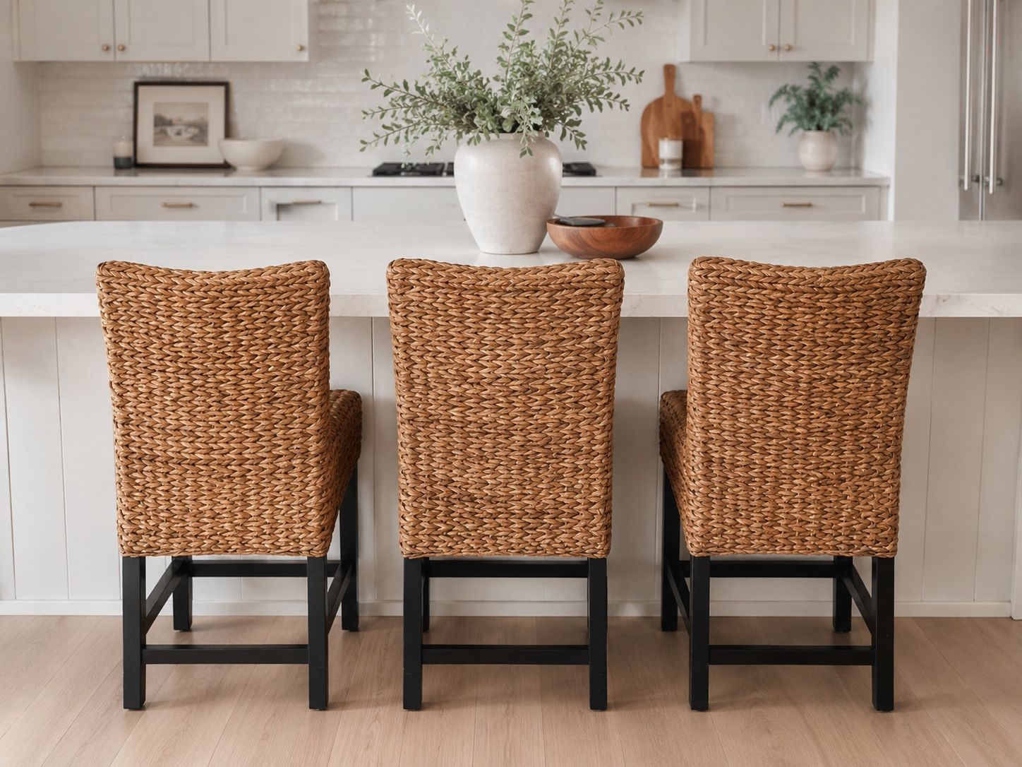 Set of 3 Woven Rattan Bar Stools - Counter Height, Natural Rattan & Dark Wood Finish