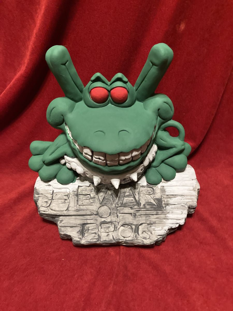 Vintage Ceramic Beware Of Frog Guard Frog Figurine