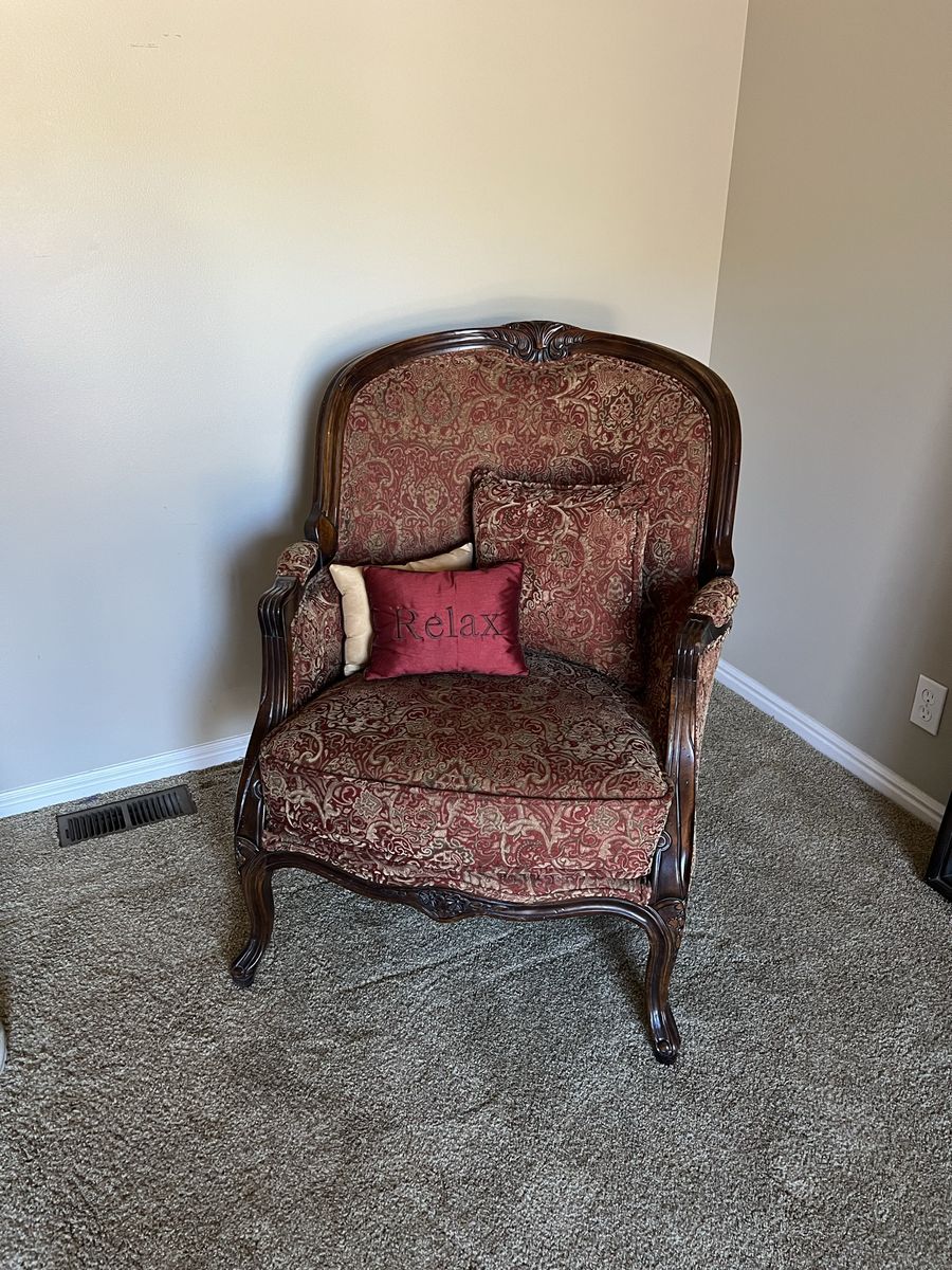 Vintage French Provincial Armchair - Carved Wood Frame, Red & Gold Brocade Fabric