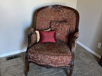 Vintage French Provincial Armchair - Carved Wood Frame, Red & Gold Brocade Fabric