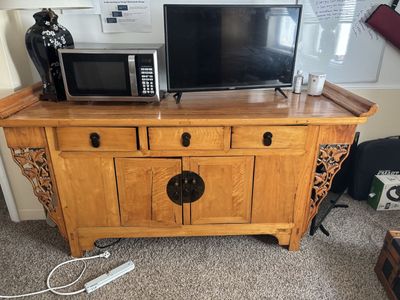 Solid Wood Asian-Inspired Sideboard/Buffet Cabinet, 60-66"W, Carved Floral, Black Hardware