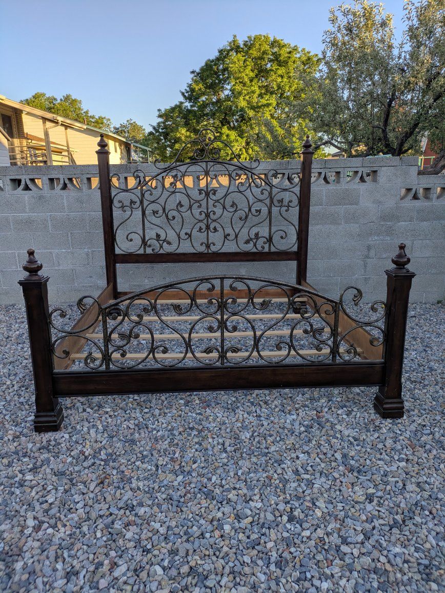 California King Size Solid Wood & Wrought Iron Bed Frame - Rustic & Elegant Scrollwork Design