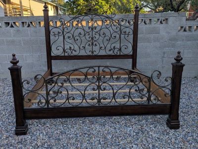 California King Size Solid Wood & Wrought Iron Bed Frame - Rustic & Elegant Scrollwork Design