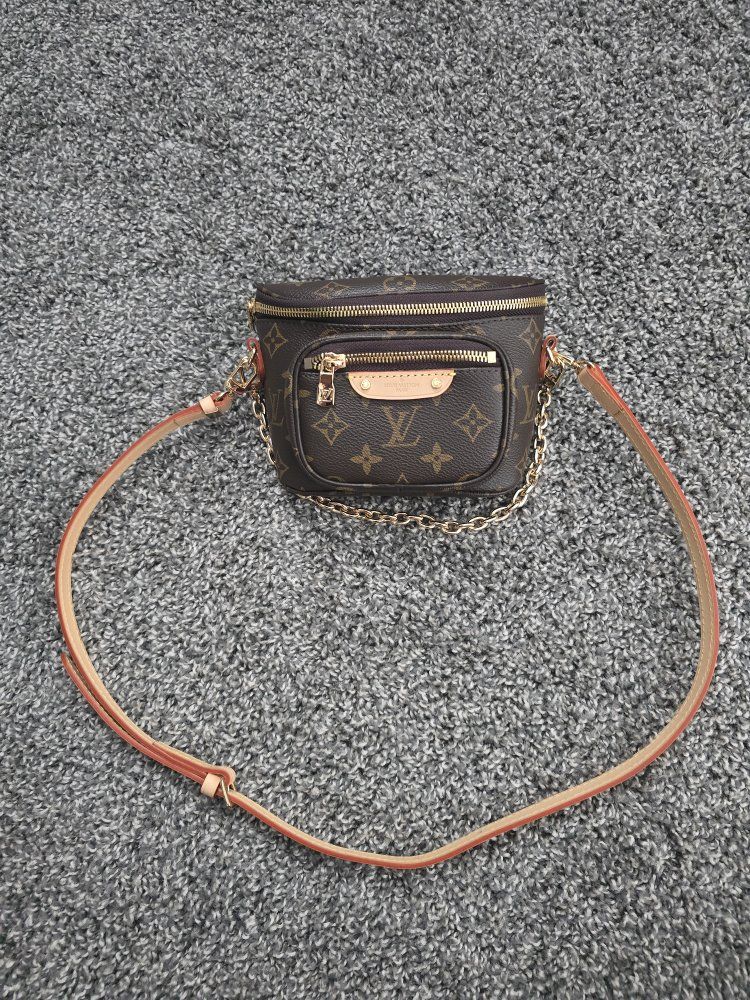 Inspired Lulu Monogram Brown Mini Bumbag with Gold Chain and Leather Strap