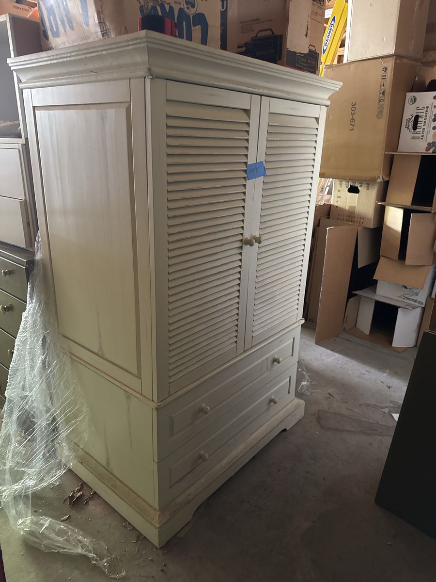 White Distressed TV Armoire Entertainment Center with Louvered Doors and Drawers. 38” wide x 25” deep x 58” high