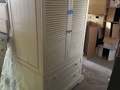 White Distressed TV Armoire Entertainment Center with Louvered Doors and Drawers. 38” wide x 25” deep x 58” high