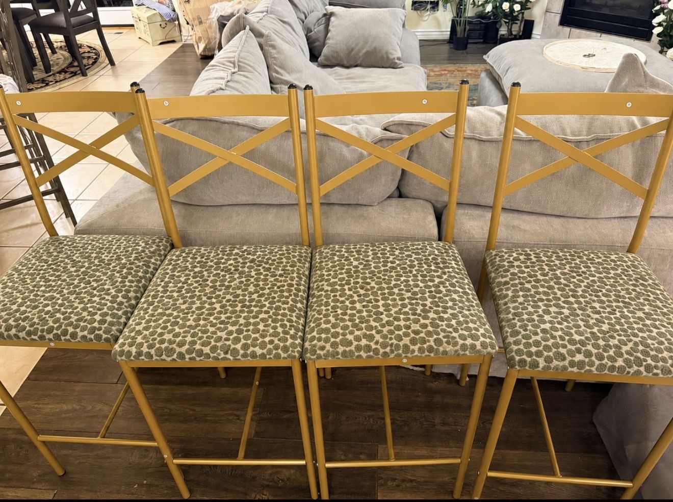 New Custom Set of 4 Gold Metal Barstools with Green Patterned Upholstered Seats. 2 Sets Of 4 Available. 8 Total for Sale.