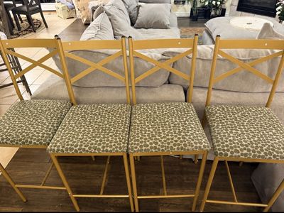 New Custom Set of 4 Gold Metal Barstools with Green Patterned Upholstered Seats. 2 Sets Of 4 Available. 8 Total for Sale.