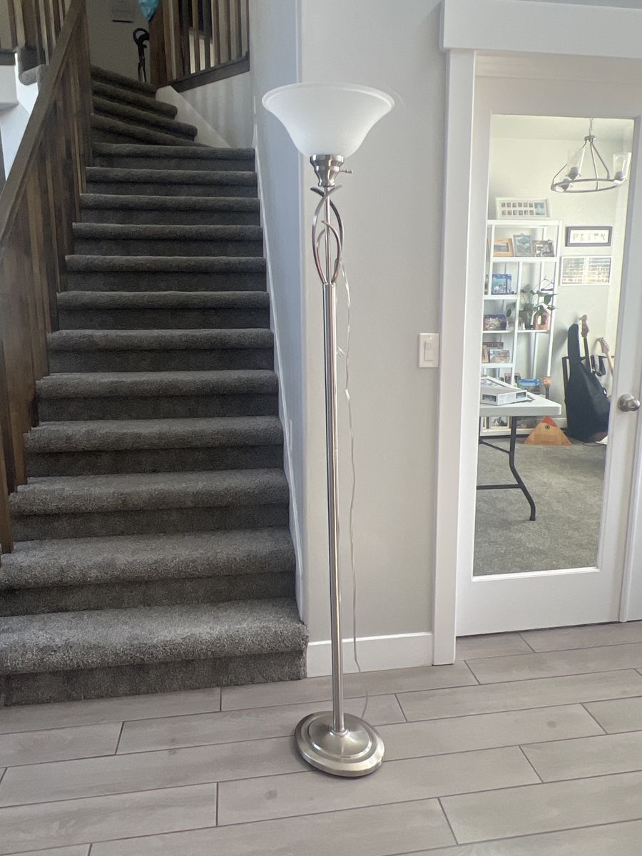 Modern Silver Torchiere Floor Lamp with Frosted Glass Shade - 6ft Tall